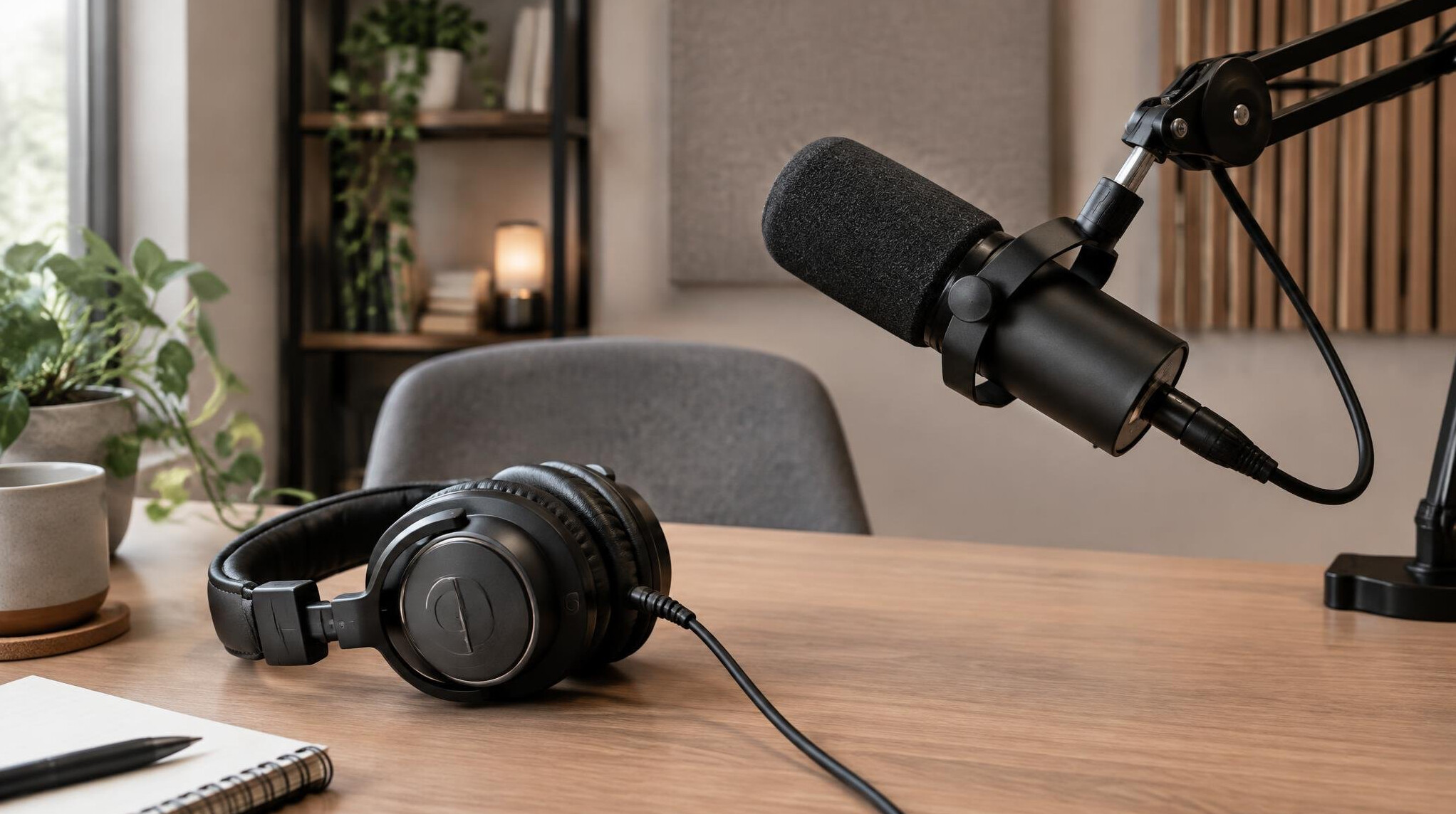 Microphone and headphones on a studio desk