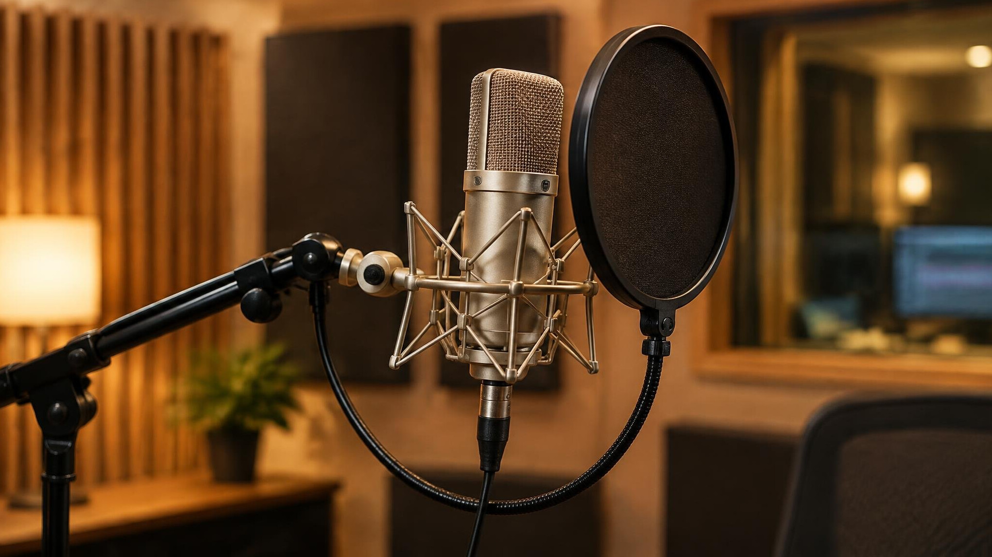Podcast microphone with pop filter in a professional recording studio